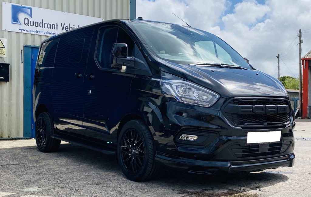 Black Ford Transit Custom Double Cab Q Sport 185ps Auto - right-side-front-angle by Quadrant Vehicles